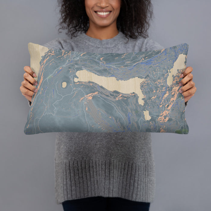 Person holding 20x12 Custom Half Moon Lake Wyoming Map Throw Pillow in Afternoon