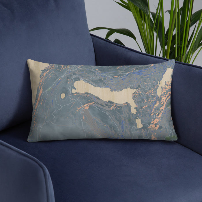 Custom Half Moon Lake Wyoming Map Throw Pillow in Afternoon on Blue Colored Chair