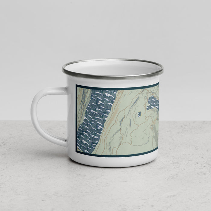 Left View Custom Half Moon Lake Wyoming Map Enamel Mug in Woodblock