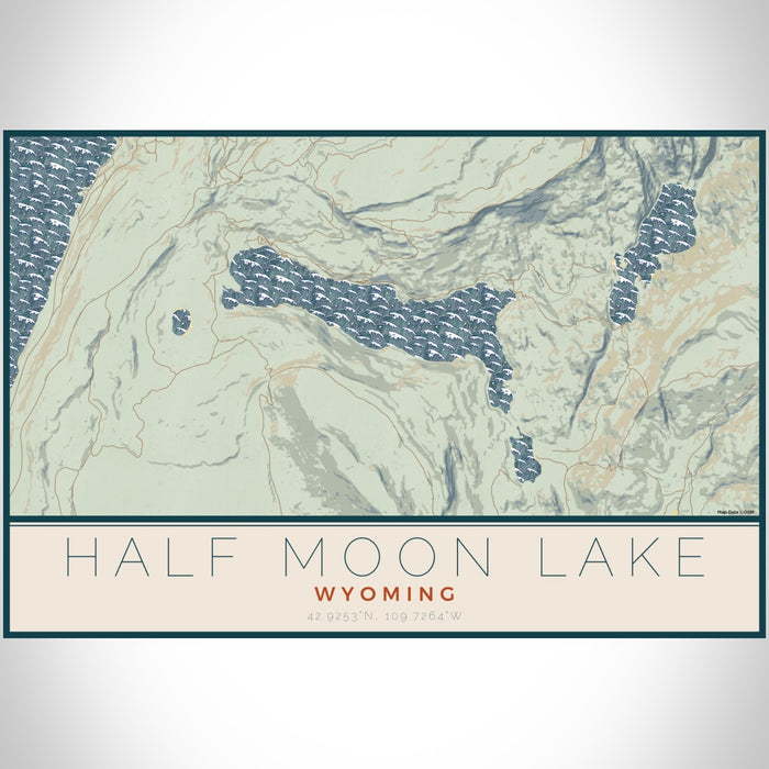 Half Moon Lake Wyoming Map Print Landscape Orientation in Woodblock Style With Shaded Background