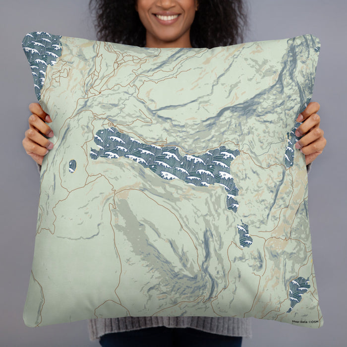 Person holding 22x22 Custom Half Moon Lake Wyoming Map Throw Pillow in Woodblock