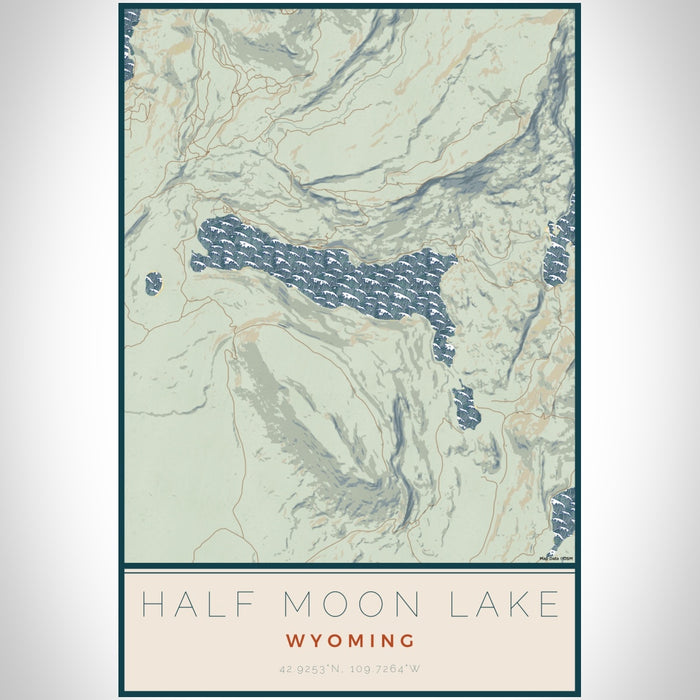 Half Moon Lake Wyoming Map Print Portrait Orientation in Woodblock Style With Shaded Background