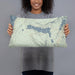 Person holding 20x12 Custom Half Moon Lake Wyoming Map Throw Pillow in Woodblock