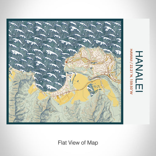 Rendered View of Hanalei Hawaii Map on 20oz Stainless Steel Insulated Bottle with Bamboo Top with printed woodblock style map