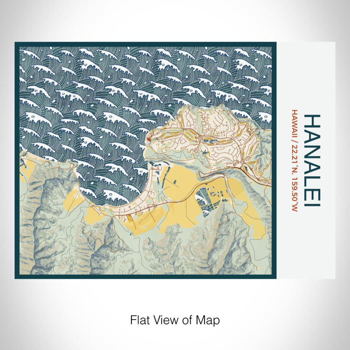 Rendered View of Hanalei Hawaii Map on 20oz Stainless Steel Insulated Bottle with Bamboo Top with printed woodblock style map