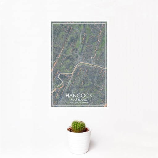12x18 Hancock Maryland Map Print Portrait Orientation in Afternoon Style With Small Cactus Plant in White Planter