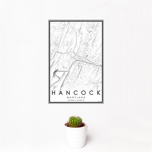 12x18 Hancock Maryland Map Print Portrait Orientation in Classic Style With Small Cactus Plant in White Planter