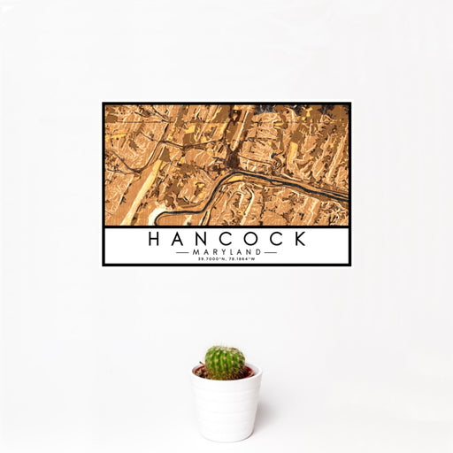 12x18 Hancock Maryland Map Print Landscape Orientation in Ember Style With Small Cactus Plant in White Planter