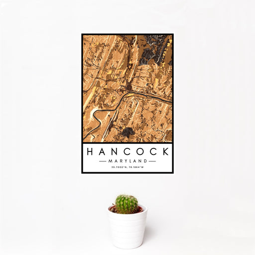 12x18 Hancock Maryland Map Print Portrait Orientation in Ember Style With Small Cactus Plant in White Planter