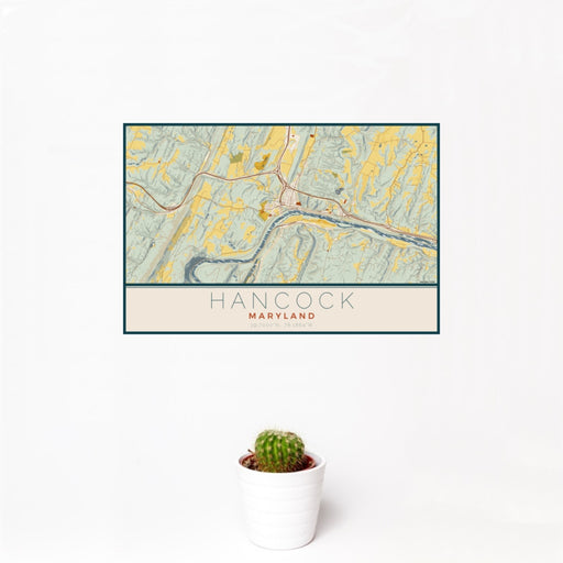 12x18 Hancock Maryland Map Print Landscape Orientation in Woodblock Style With Small Cactus Plant in White Planter