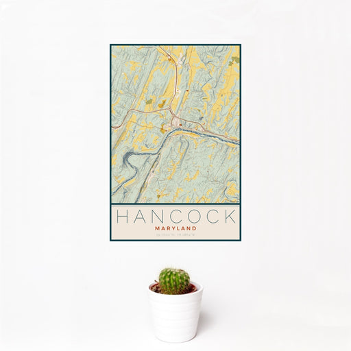 12x18 Hancock Maryland Map Print Portrait Orientation in Woodblock Style With Small Cactus Plant in White Planter
