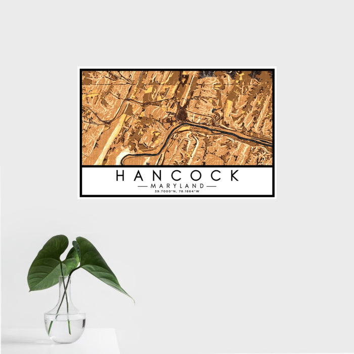 16x24 Hancock Maryland Map Print Landscape Orientation in Ember Style With Tropical Plant Leaves in Water