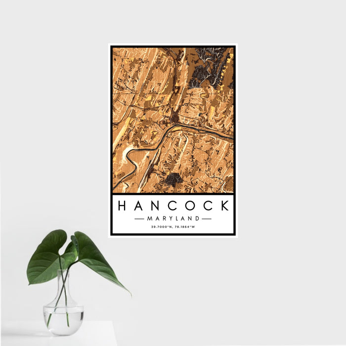 16x24 Hancock Maryland Map Print Portrait Orientation in Ember Style With Tropical Plant Leaves in Water