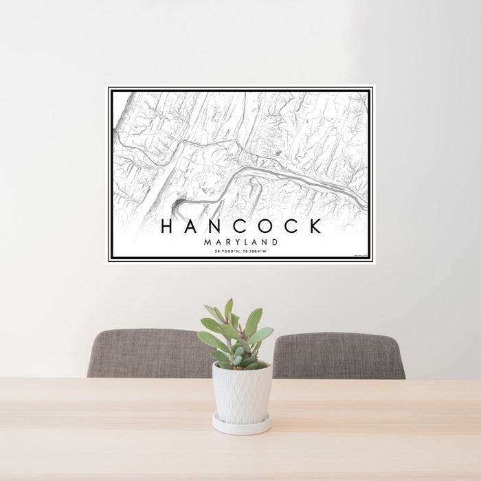 24x36 Hancock Maryland Map Print Lanscape Orientation in Classic Style Behind 2 Chairs Table and Potted Plant