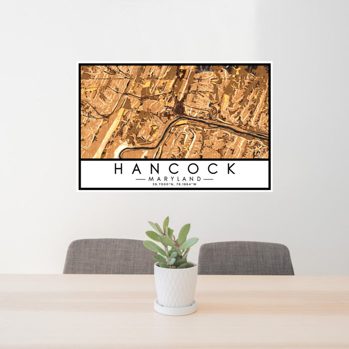 24x36 Hancock Maryland Map Print Lanscape Orientation in Ember Style Behind 2 Chairs Table and Potted Plant