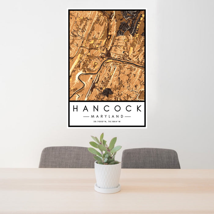 24x36 Hancock Maryland Map Print Portrait Orientation in Ember Style Behind 2 Chairs Table and Potted Plant