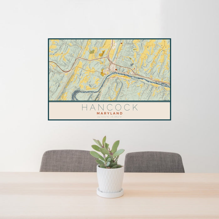 24x36 Hancock Maryland Map Print Lanscape Orientation in Woodblock Style Behind 2 Chairs Table and Potted Plant