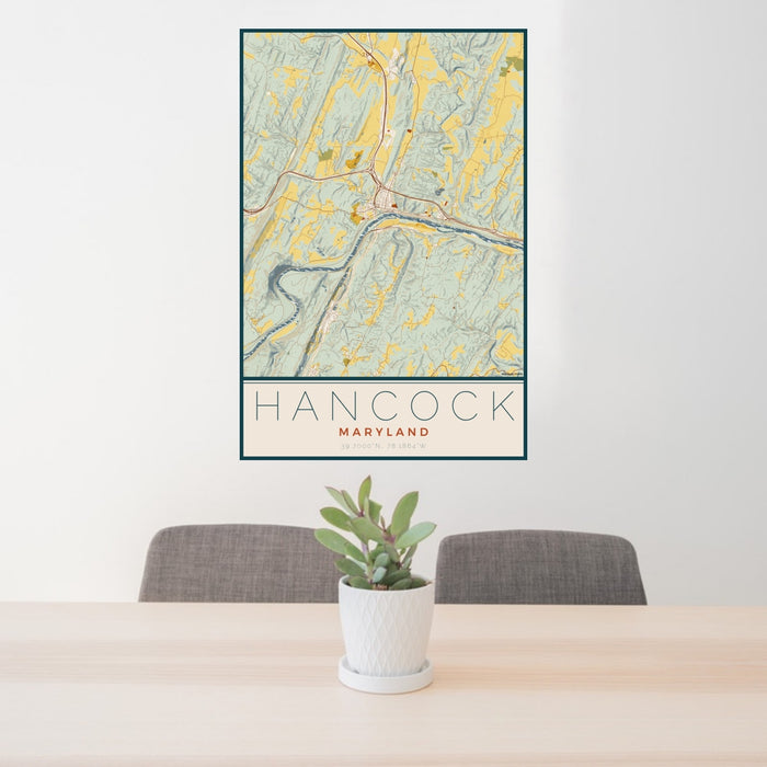 24x36 Hancock Maryland Map Print Portrait Orientation in Woodblock Style Behind 2 Chairs Table and Potted Plant
