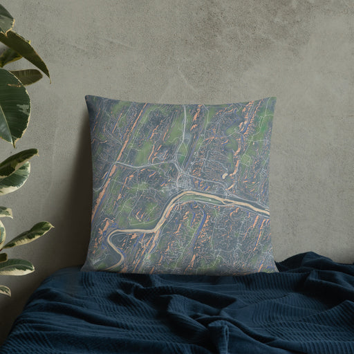 Custom Hancock Maryland Map Throw Pillow in Afternoon on Bedding Against Wall