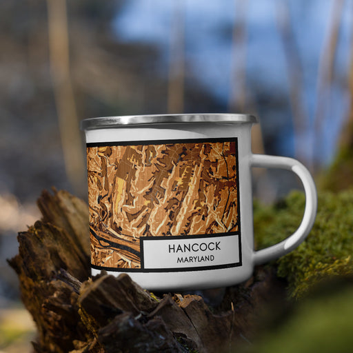 Right View Custom Hancock Maryland Map Enamel Mug in Ember on Grass With Trees in Background