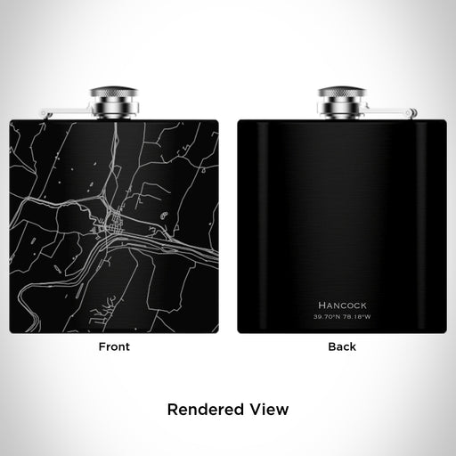 Rendered View of Hancock Maryland Map Engraving on 6oz Stainless Steel Flask in Black