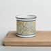 Front View Custom Hancock Maryland Map Enamel Mug in Woodblock on Cutting Board