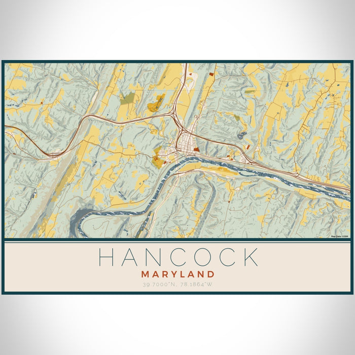 Hancock Maryland Map Print Landscape Orientation in Woodblock Style With Shaded Background