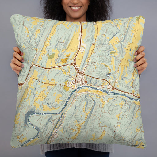 Person holding 22x22 Custom Hancock Maryland Map Throw Pillow in Woodblock