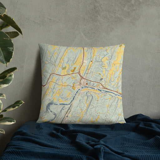 Custom Hancock Maryland Map Throw Pillow in Woodblock on Bedding Against Wall