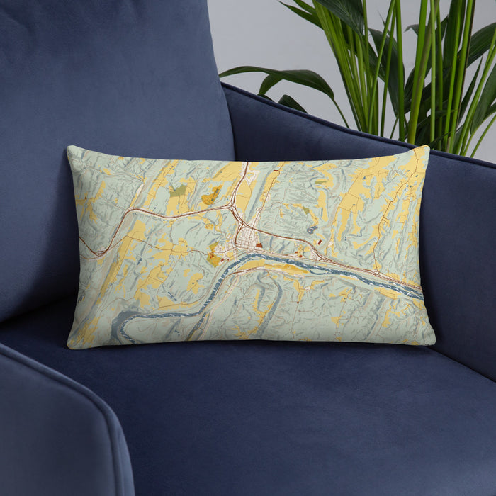 Custom Hancock Maryland Map Throw Pillow in Woodblock on Blue Colored Chair