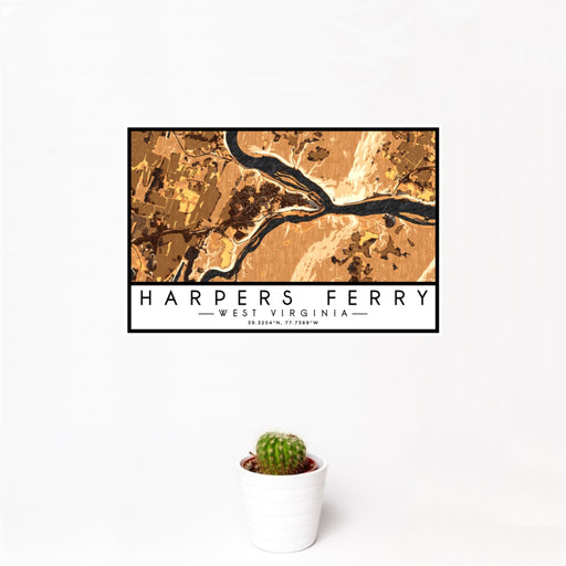 12x18 Harpers Ferry West Virginia Map Print Landscape Orientation in Ember Style With Small Cactus Plant in White Planter
