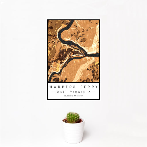 12x18 Harpers Ferry West Virginia Map Print Portrait Orientation in Ember Style With Small Cactus Plant in White Planter