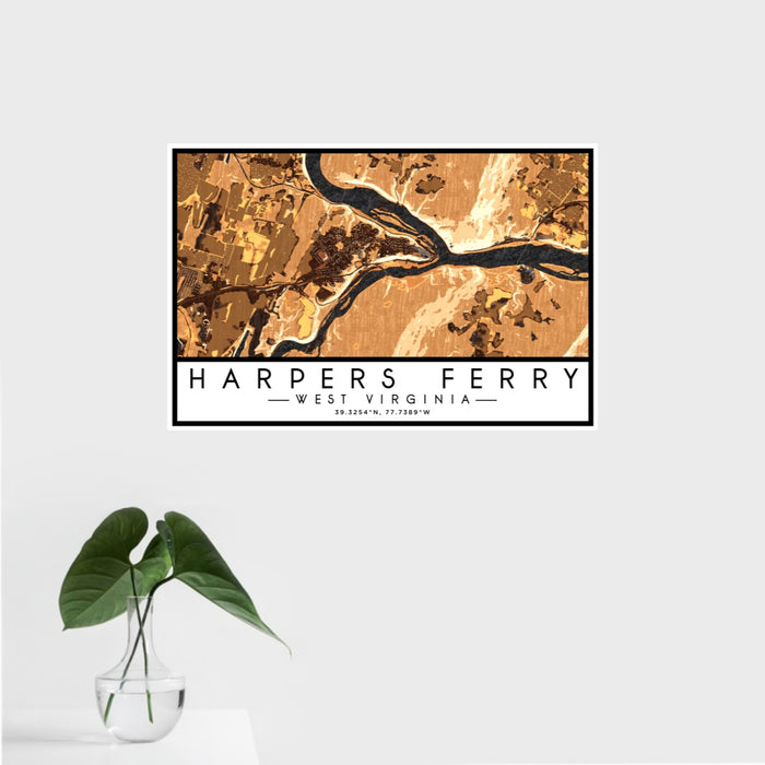 16x24 Harpers Ferry West Virginia Map Print Landscape Orientation in Ember Style With Tropical Plant Leaves in Water