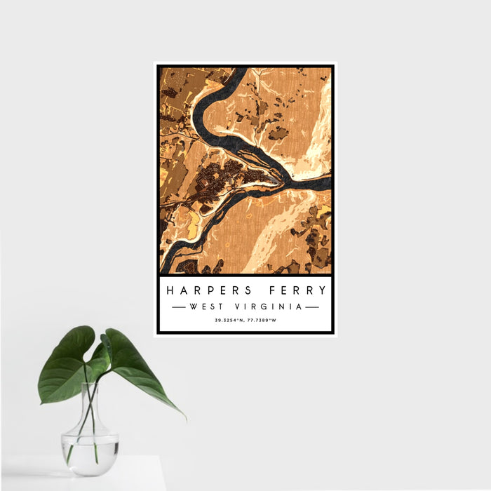 16x24 Harpers Ferry West Virginia Map Print Portrait Orientation in Ember Style With Tropical Plant Leaves in Water