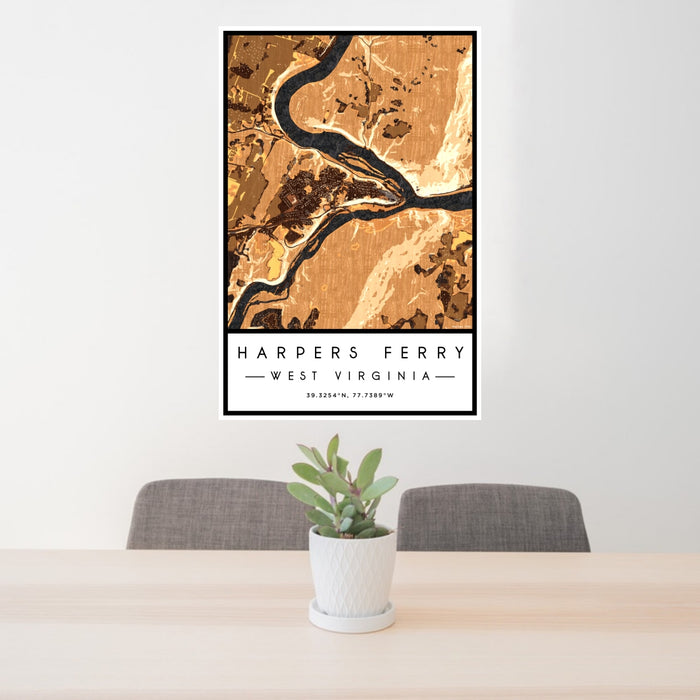 24x36 Harpers Ferry West Virginia Map Print Portrait Orientation in Ember Style Behind 2 Chairs Table and Potted Plant