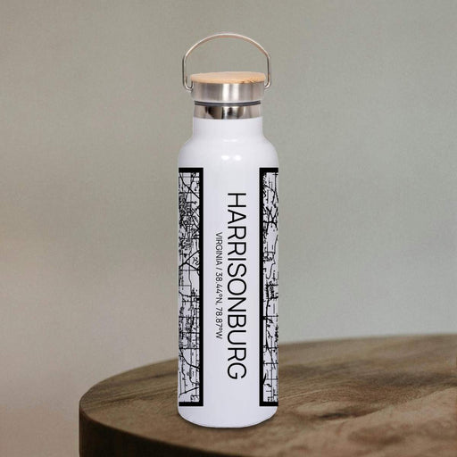 Harrisonburg Virginia Custom City Map Inscription Coordinates on 20oz Stainless Steel Insulated Bottle with Bamboo Top in Matte White with printed Tactile Lines Map in Black