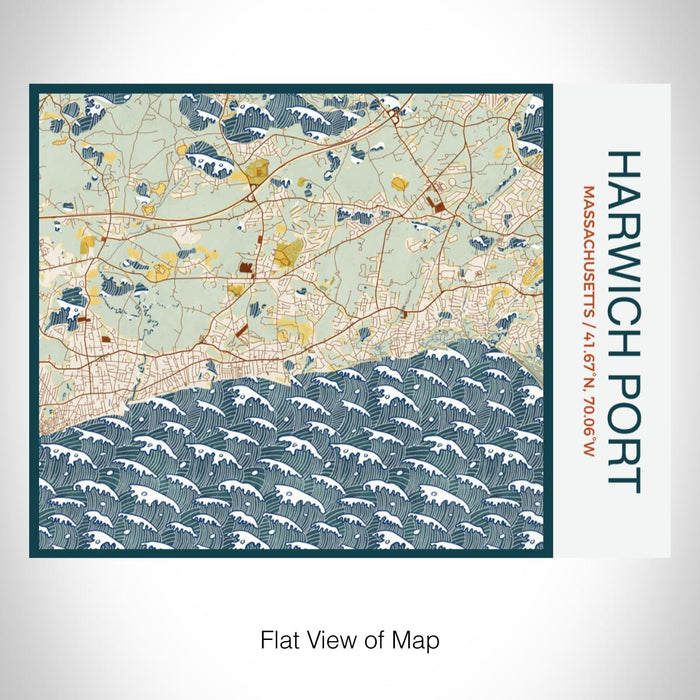 Rendered View of Harwich Port Massachusetts Map on 20oz Stainless Steel Insulated Bottle with Bamboo Top with printed woodblock style map