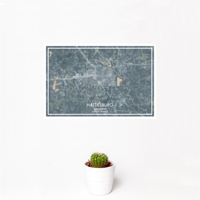 12x18 Hattiesburg Mississippi Map Print Landscape Orientation in Afternoon Style With Small Cactus Plant in White Planter