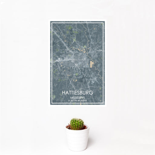 12x18 Hattiesburg Mississippi Map Print Portrait Orientation in Afternoon Style With Small Cactus Plant in White Planter