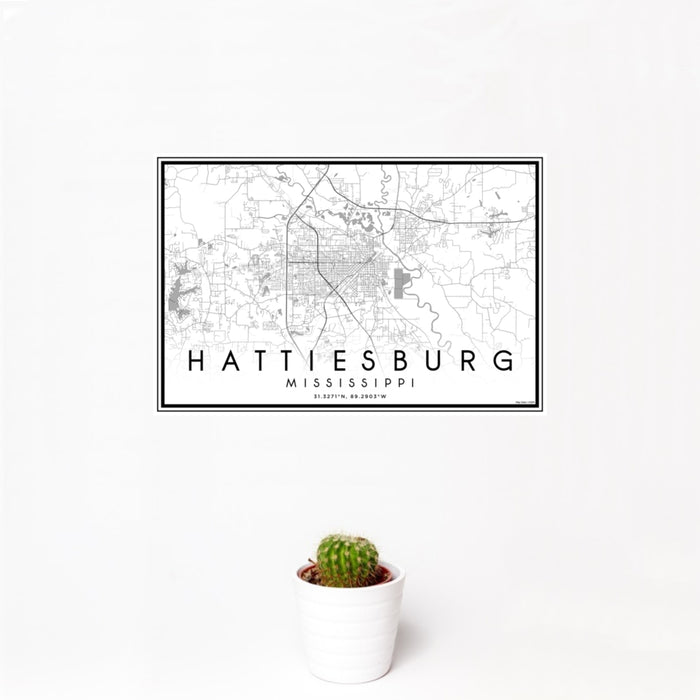 12x18 Hattiesburg Mississippi Map Print Landscape Orientation in Classic Style With Small Cactus Plant in White Planter
