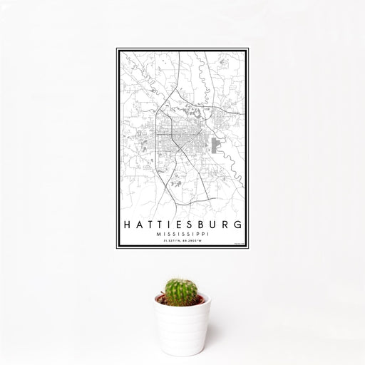 12x18 Hattiesburg Mississippi Map Print Portrait Orientation in Classic Style With Small Cactus Plant in White Planter