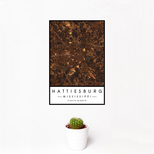 12x18 Hattiesburg Mississippi Map Print Portrait Orientation in Ember Style With Small Cactus Plant in White Planter