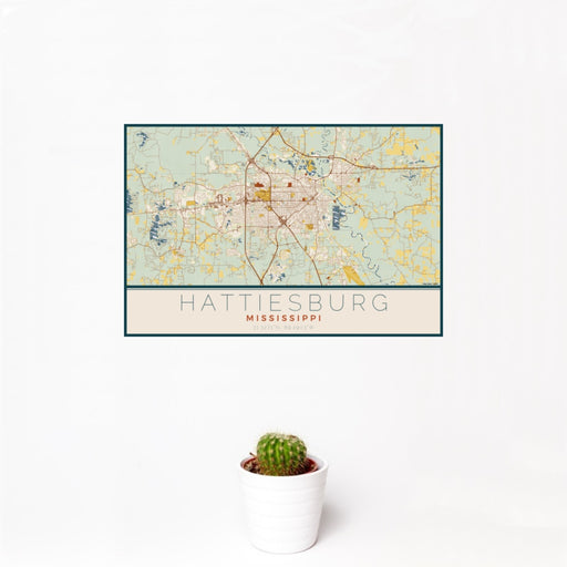 12x18 Hattiesburg Mississippi Map Print Landscape Orientation in Woodblock Style With Small Cactus Plant in White Planter