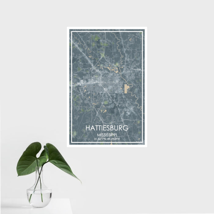 16x24 Hattiesburg Mississippi Map Print Portrait Orientation in Afternoon Style With Tropical Plant Leaves in Water
