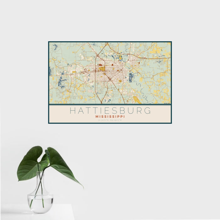 16x24 Hattiesburg Mississippi Map Print Landscape Orientation in Woodblock Style With Tropical Plant Leaves in Water
