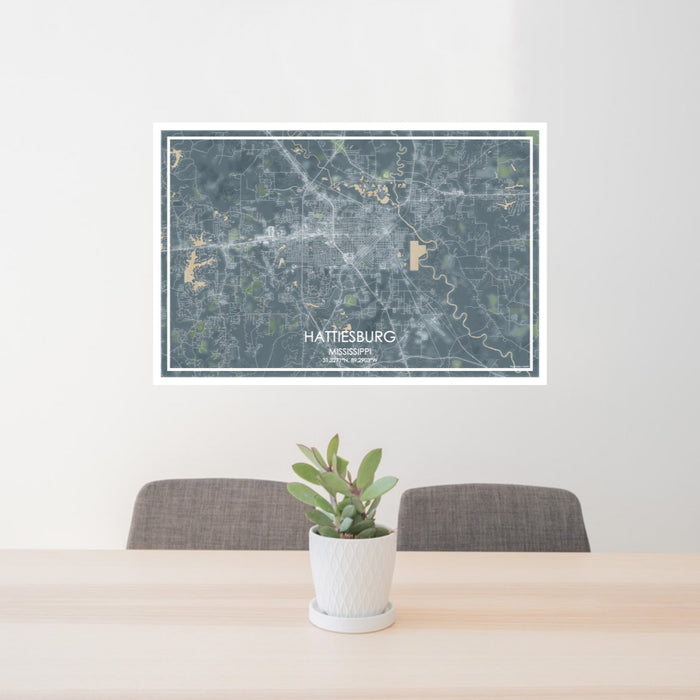 24x36 Hattiesburg Mississippi Map Print Lanscape Orientation in Afternoon Style Behind 2 Chairs Table and Potted Plant