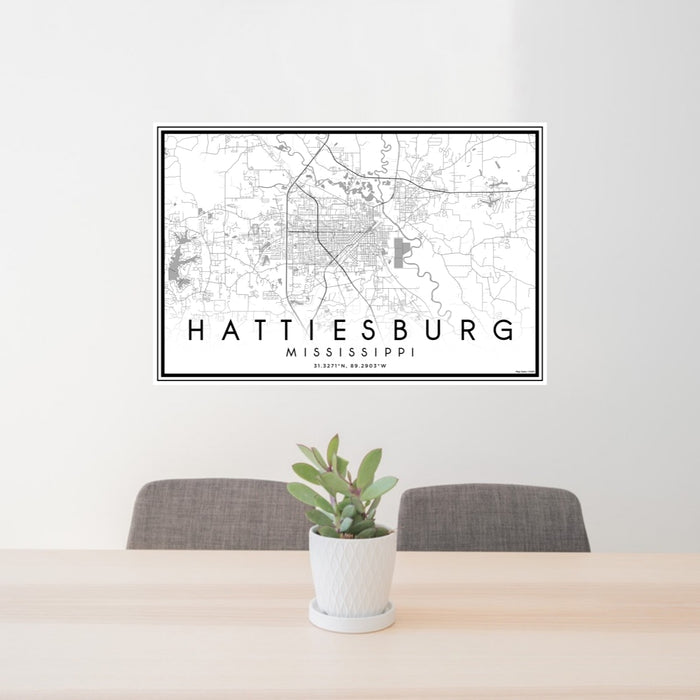 24x36 Hattiesburg Mississippi Map Print Lanscape Orientation in Classic Style Behind 2 Chairs Table and Potted Plant