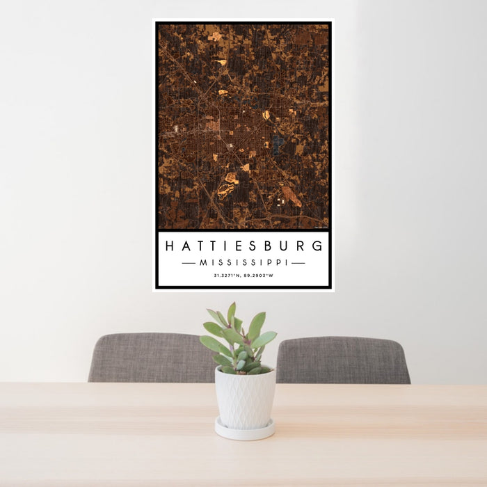 24x36 Hattiesburg Mississippi Map Print Portrait Orientation in Ember Style Behind 2 Chairs Table and Potted Plant