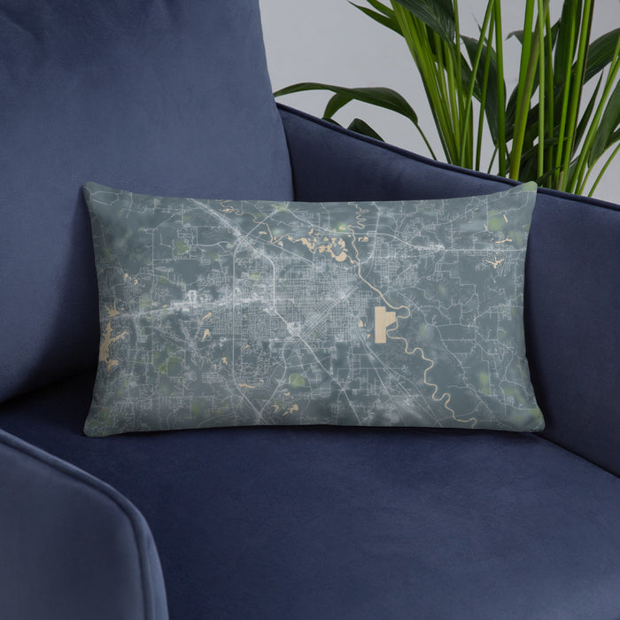 Custom Hattiesburg Mississippi Map Throw Pillow in Afternoon on Blue Colored Chair