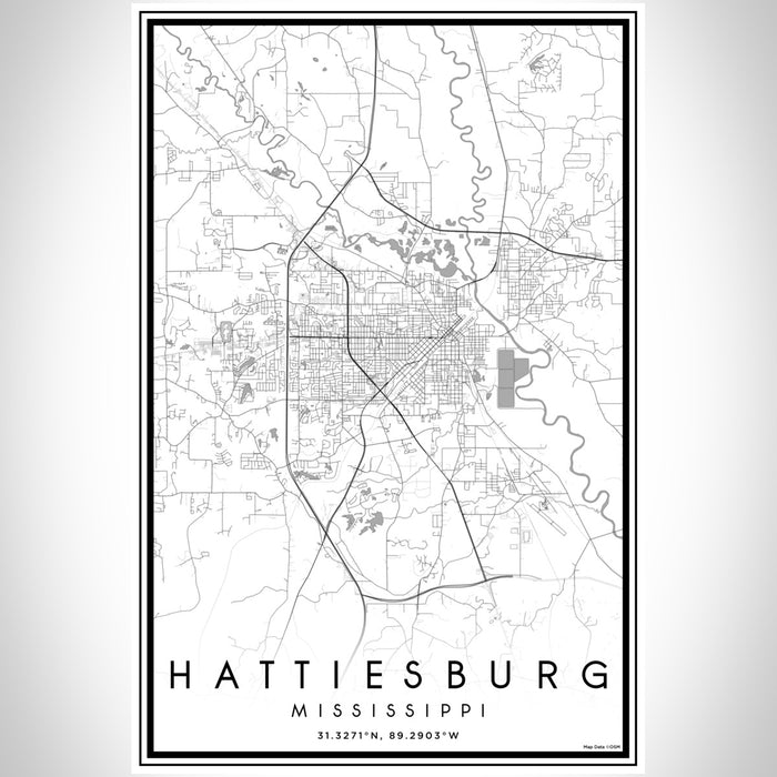 Hattiesburg Mississippi Map Print Portrait Orientation in Classic Style With Shaded Background